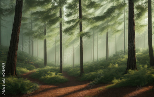 Natural Forest of Spruce Trees  Sunbeams through Fog create mystic Atmosphere. Ai generated technology