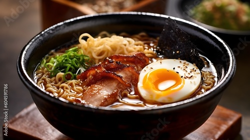 Traditional Japanese Ramen Soup with long noodles, green scalions, crispy becon, nitamago - a soft boiled egg. AI generated bowl full of flavour photo