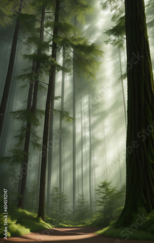 Natural Forest of Spruce Trees  Sunbeams through Fog create mystic Atmosphere. Ai generated technology