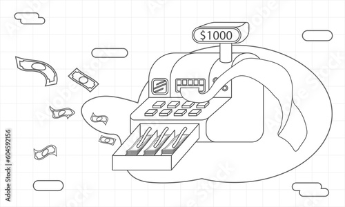 Cash register have money and bill flying on purple and white background in flat style. Money and finance, equipment counter, commercial service, checkout machine. outline stroke, thin line. Vector