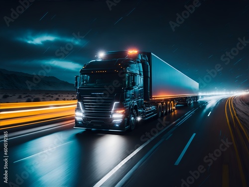 Truck driving on highway at night, logistics, light trail speed motion, futuristic, transportation, innovative background, generative ai