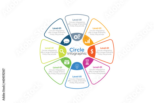 Circle chart infographic template with 8 options for presentations, advertising, layouts, annual reports.
