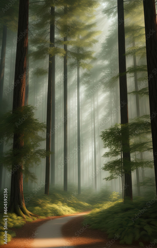 Obraz premium Natural Forest of Spruce Trees, Sunbeams through Fog create mystic Atmosphere. Ai generated technology