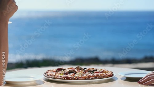 couple drinking wine in cafe in the seaside. Best friends spend summer time together and girls enjoy life. woman road by car to sea. Friendship and love forever, Concept of Lifesyle people, travel and