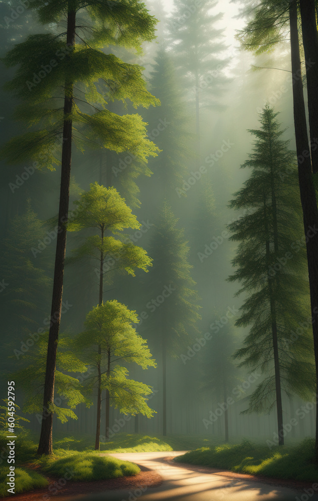 Fototapeta premium Natural Forest of Spruce Trees, Sunbeams through Fog create mystic Atmosphere. Ai generated technology