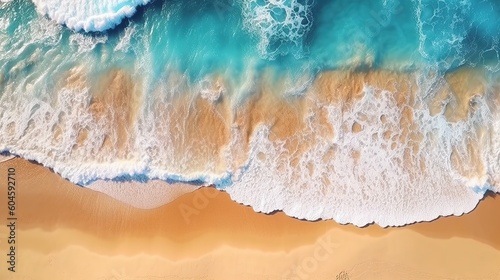 Aerial top down view of beach and sea with blue water waves, Ocean waves on the beach as a background.  Banner of a beautiful l summer vacation holidays in the wild nature background. Ai generative