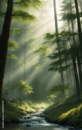 Natural Forest of Spruce Trees, Sunbeams through Fog create mystic Atmosphere. Ai generated technology © inteamvideo
