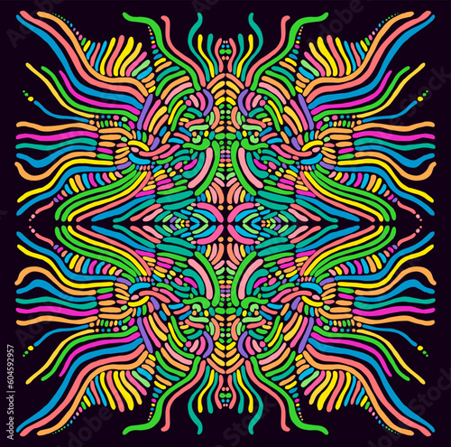 Motley symmetrical hippie trippy psychedelic abstract pattern with many intricate wavy ornaments, bright neon multicolor color texture. Bright mandala flower background.