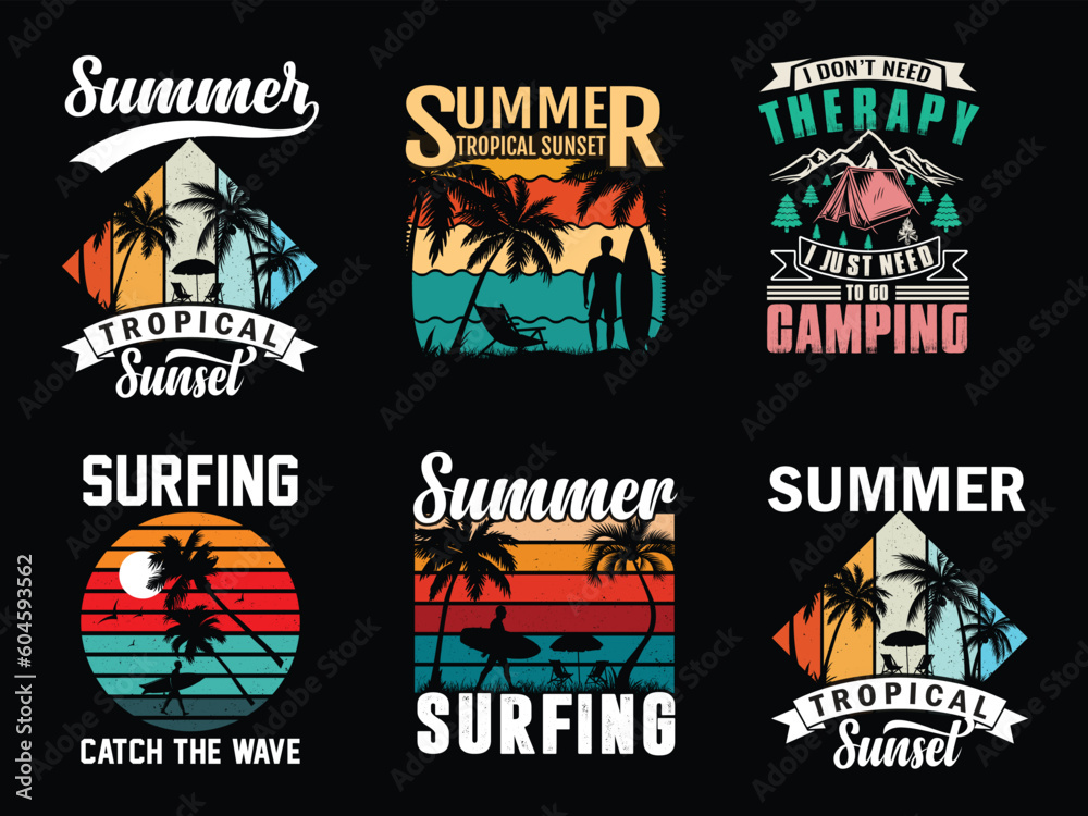 Summer, beach, sunset, palm tree, coconut tree, summer vector t-shirt design, print design, print on demand, summer bundle design, beach bundle design