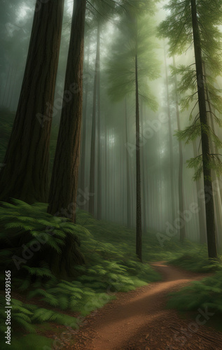 Natural Forest of Spruce Trees  Sunbeams through Fog create mystic Atmosphere. Ai generated technology