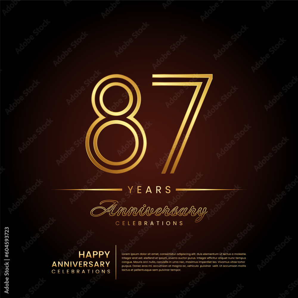 87 years anniversary, anniversary template design with double line number and golden text for birthday celebration event, invitation, banner poster, flyer, and greeting card, vector template