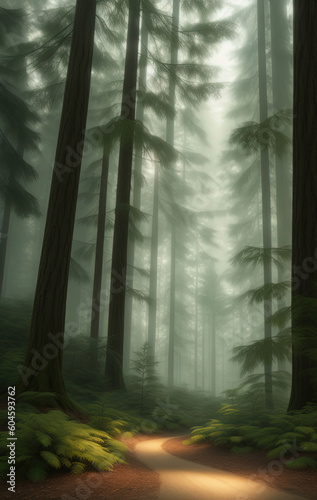 Natural Forest of Spruce Trees, Sunbeams through Fog create mystic Atmosphere. Ai generated technology © inteamvideo