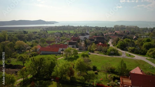 Balaton Hungary horizont lakeview landscape green nature church small village hillside drone aerial footage 4K UHD summer sunshine photo