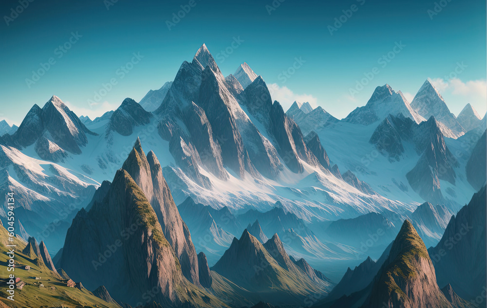 Fototapeta premium Panorama of a colored mountain landscape. Ai generated technology