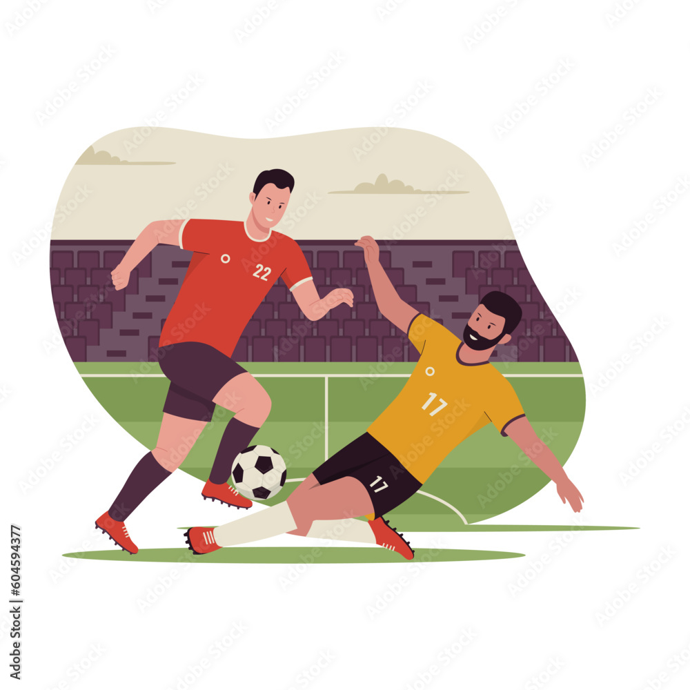 Fototapeta premium Flat design of Soccer players in duel football player2. Illustration for website, landing page, mobile app, poster and banner. Trendy flat vector illustration