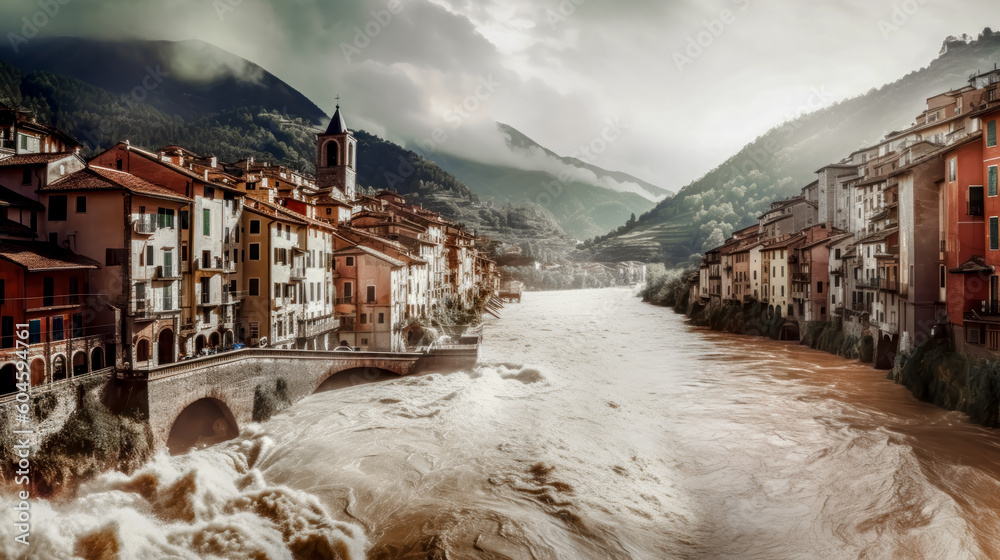 Climate Change Floods River Courses Overflow their Banks and Flood a Small Italian or Austrian Town Generative AI Wallpaper Background Illustration Digital Art