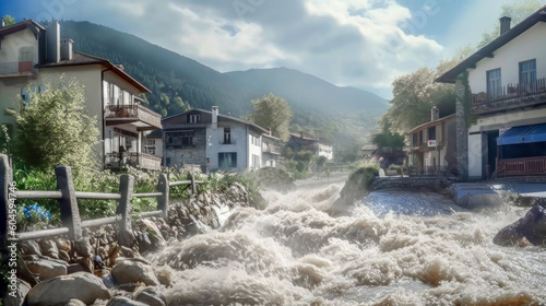Climate Change Floods River Courses Overflow their Banks and Flood a Small Italian or Austrian Town Generative AI Wallpaper Background Illustration Digital Art