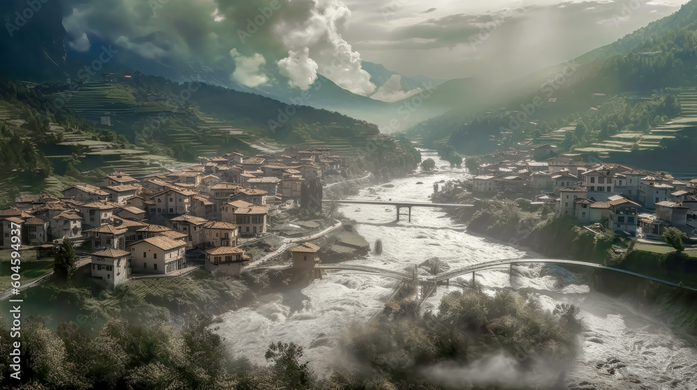 Climate Change Floods River Courses Overflow their Banks and Flood a Small Italian or Austrian Town Generative AI Wallpaper Background Illustration Digital Art