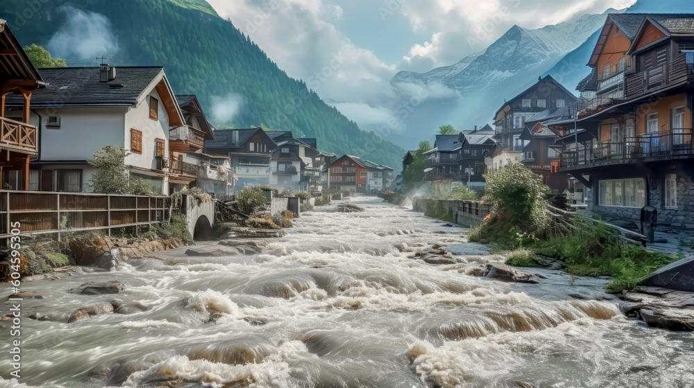 Climate Change Floods River Courses Overflow their Banks and Flood a Small Italian or Austrian Town Generative AI Wallpaper Background Illustration Digital Art Climate Change Floods River Courses Overflow their Banks and Flood a Small Italian or Austrian Town Generative AI Wallpaper Background Illustration Digital Art