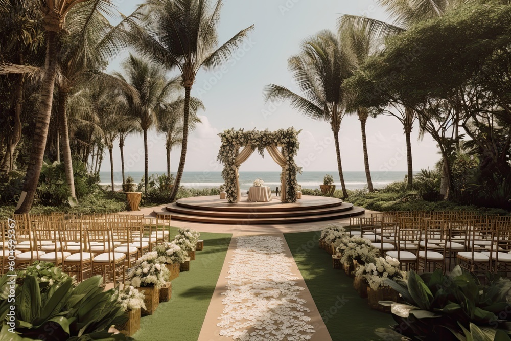 wedding backdrop aesthetic flower decoration outdoor tropical beach background AI Generated
