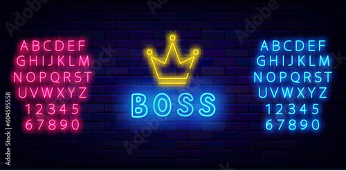 Boss neon label with crown. Captain sign. Chief emblem. Shiny pink and blue alphabet. Vector stock illustration