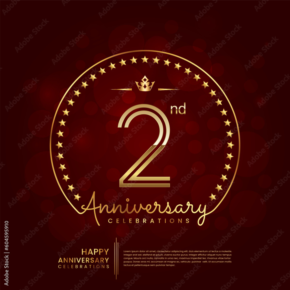 2nd anniversary logo with double line number and golden text for birthday celebration event, invitation, banner poster, flyer, and greeting card, vector template 2nd anniversary logo with double line number and golden text for birthday celebration event, invitation, banner poster, flyer, and greeting card, vector template