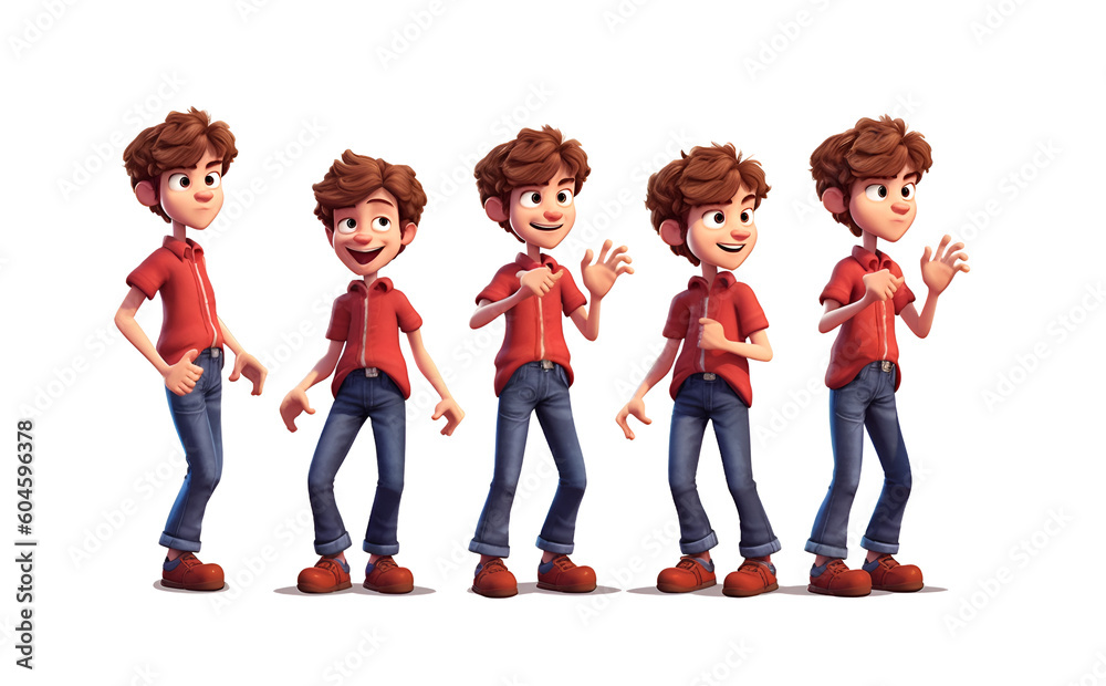 Fototapeta premium boy character, multiple poses and expressions, 11 years old boy, blue trousers, red clothes, children book for book poster banner advertising and background Generative AI