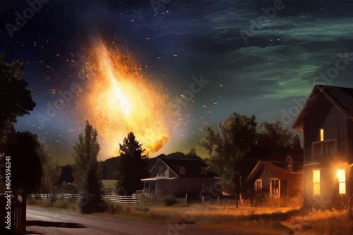 Meteorite falling to earth. Disaster. Cataclysm. Meteorite in the sky over the village. Explosion. 3d Digital illustration