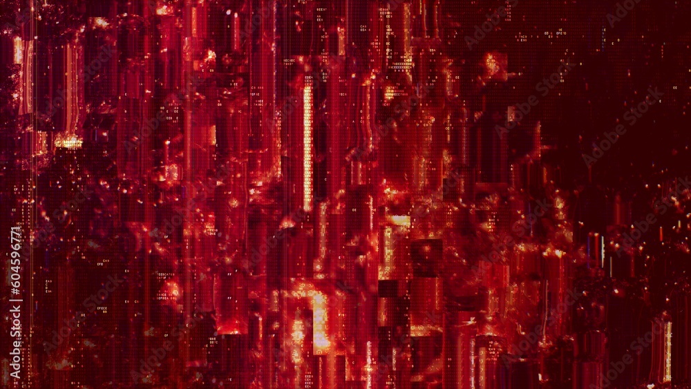 Obraz premium Psychedelic orange HUD interface 3D Illustration with abstract digital code. Concept glitch background as cyberpunk computer meltdown overlay with fragments. Digital hex code crypto wallpaper.