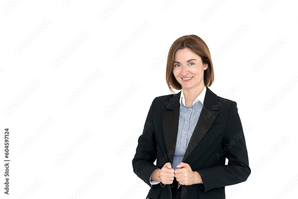 Young cheerful business lady with crossed arms standing and smiling isolated on white background Young cheerful business lady with crossed arms standing and smiling isolated on white background