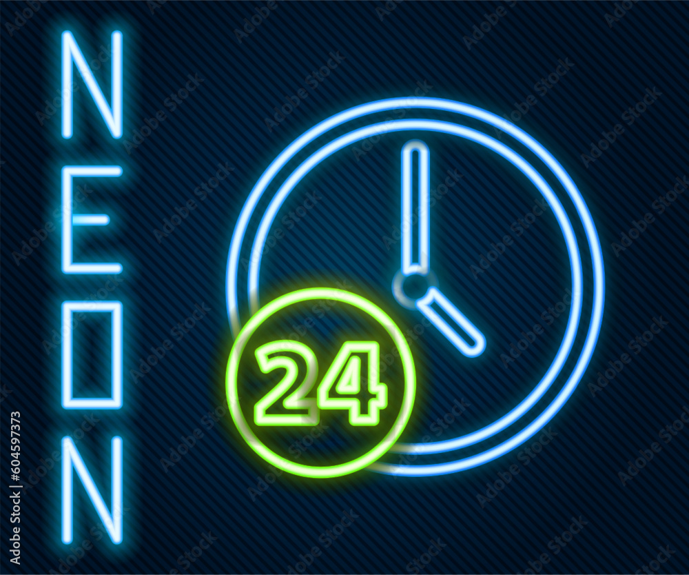 Glowing neon line Clock 24 hours icon isolated on black background. All day cyclic icon. 24 hours service symbol. Colorful outline concept. Vector Illustration Glowing neon line Clock 24 hours icon isolated on black background. All day cyclic icon. 24 hours service symbol. Colorful outline concept. Vector Illustration