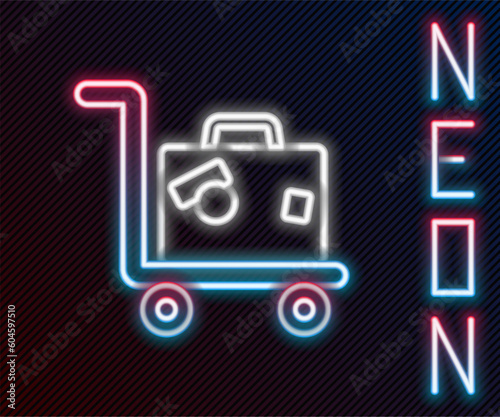 Glowing neon line Hotel luggage cart with suitcase icon isolated on black background. Traveling baggage sign. Travel luggage icon. Colorful outline concept. Vector