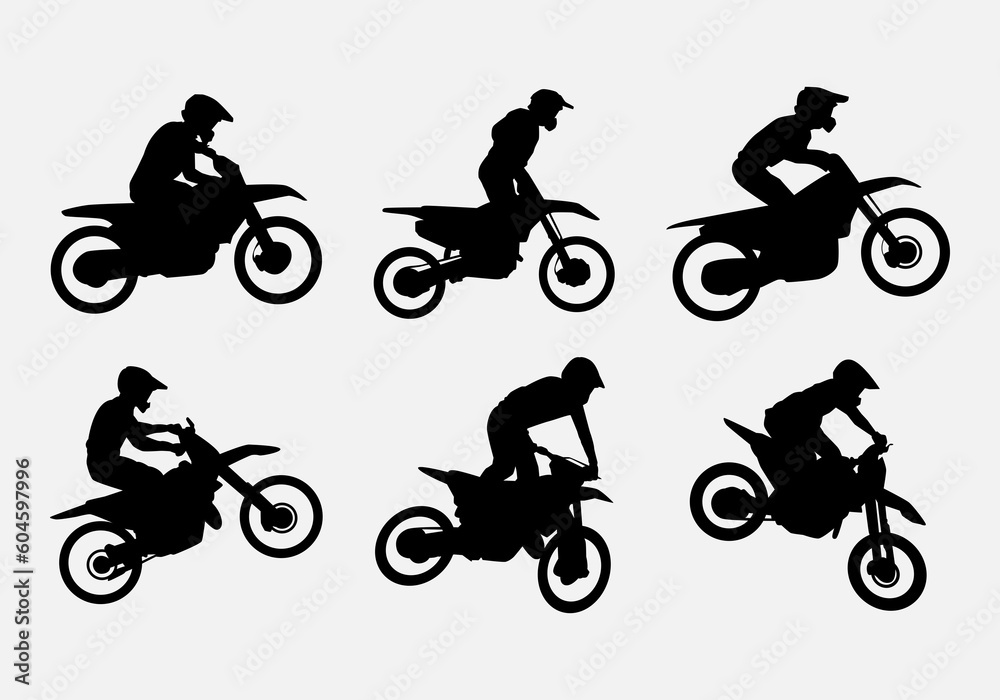 Naklejka premium set of silhouettes of motocross racers side view. isolated on white background. graphic vector illustration.