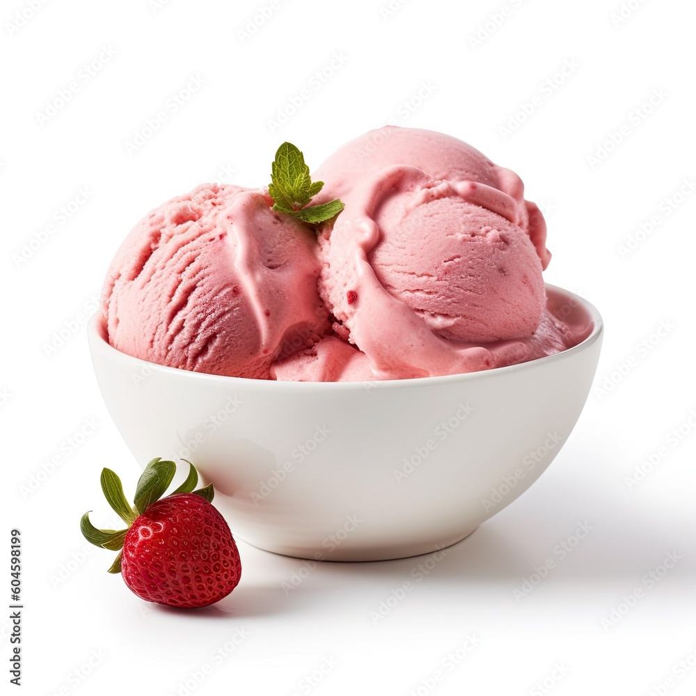 Delicious Bowl of Strawberry Ice Cream on a White Background Generative AI Delicious Bowl of Strawberry Ice Cream on a White Background Generative AI