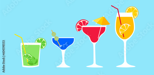 Set of minimalistic refreshing summer cocktails with fruits. For bar and restaurant menu concepts. Vector illustration on a white background.
