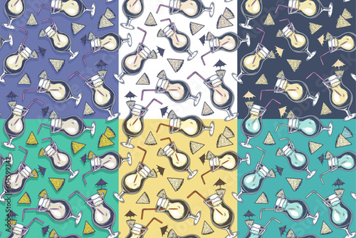 Pina colada cocktail seamless pattern set for summer background. Tropical wallpaper collection