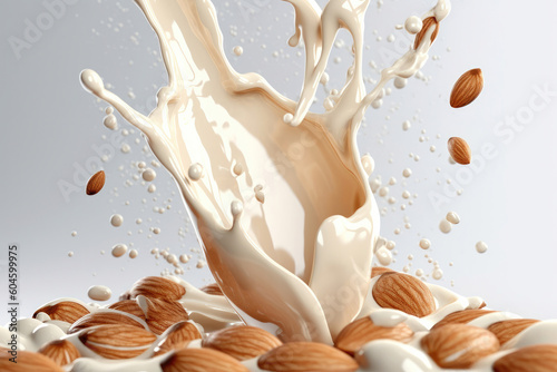 Wholesome Delights: Almond Milk Splash with Almonds. Generative Ai