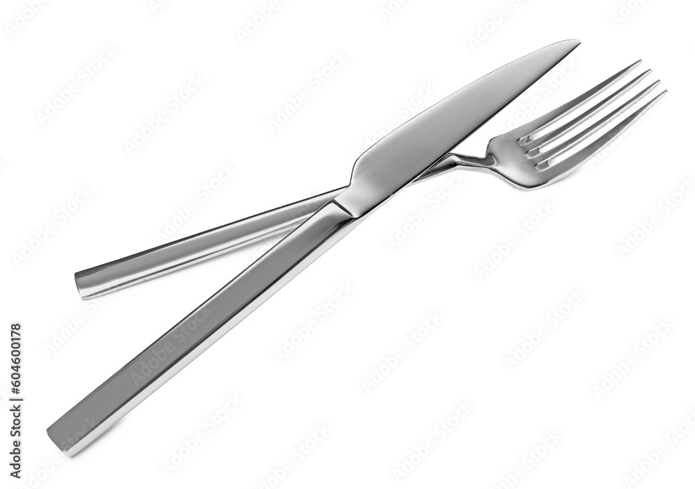 Fork and knife isolated on white. Stylish shiny cutlery set Fork and knife isolated on white. Stylish shiny cutlery set