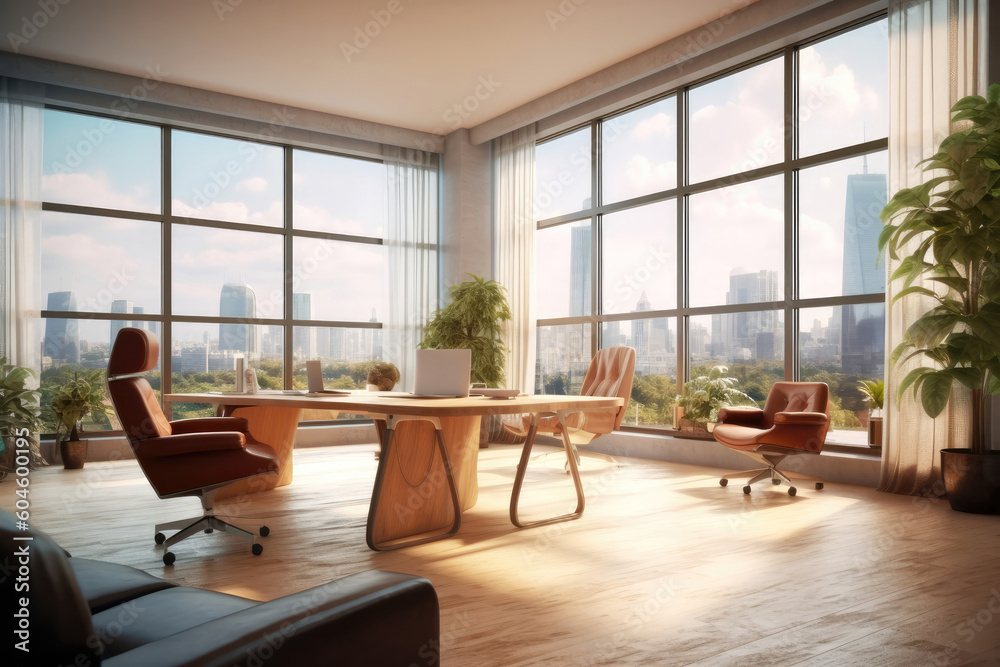 Productive Panorama: Office Room Interior with Conference Area and Panoramic Window. Generative Ai Productive Panorama: Office Room Interior with Conference Area and Panoramic Window. Generative Ai