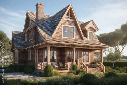 a cozy wooden unique house. generative AI