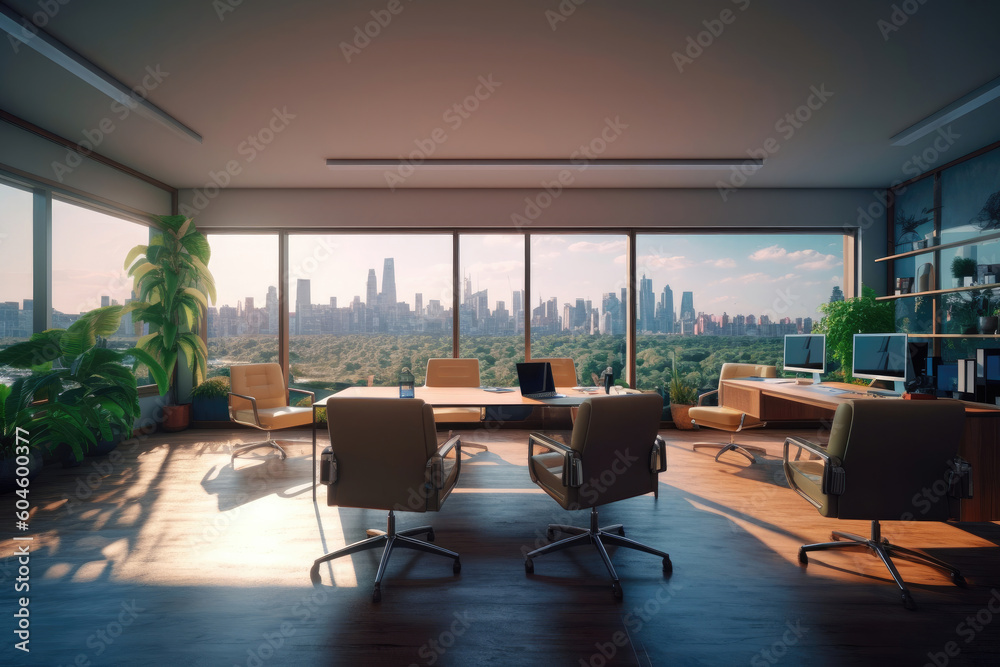 Productive Panorama: Office Room Interior with Conference Area and Panoramic Window. Generative Ai