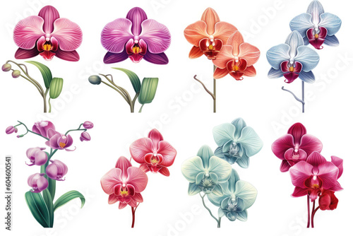 Elegant Orchids  A Set of Exquisite Illustrations on a White Background. Generative Ai