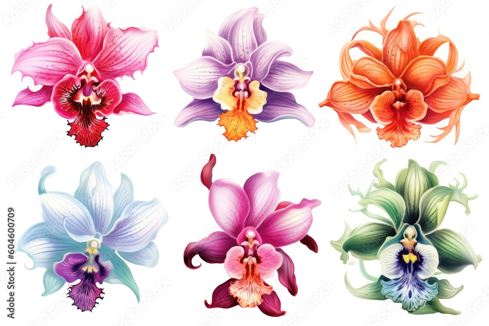 Elegant Orchids: A Set of Exquisite Illustrations on a White Background. Generative Ai