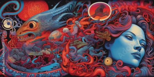 arthouse psychedelic poster 1999, in the style of detailed surrealism, light indigo and red, gothic realism, precisionist art, dissected books, dark orange and sky-blue, chicano art, fantastic grotesq