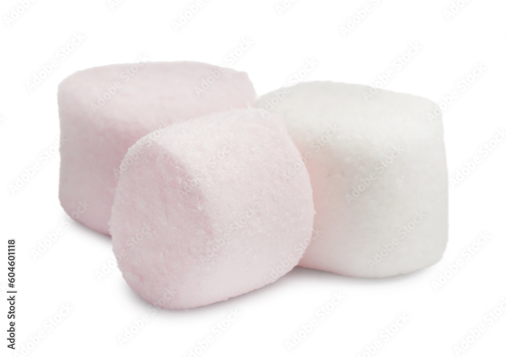 Delicious sweet puffy marshmallows on white background Delicious sweet puffy marshmallows on white background