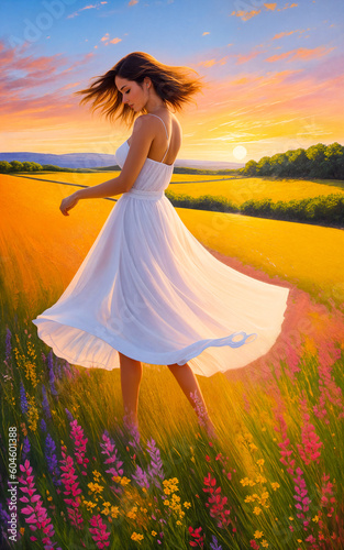 Beautiful woman in light summer dress walks through summer flowering meadow.Vibrant color.Digital creative designer art painted drawing.AI illustration