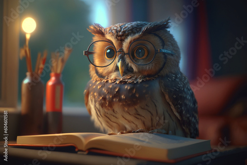 Little cute owl in glasses reading a book. Education and learning concept. Symbol of wisdom and knowledge. generated ai