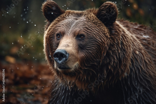 Brown bear in the rain in the forest. generated ai