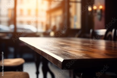 Empty wooden table in a charming European café. generative AI
