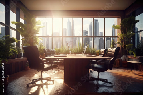 Productive Panorama: Office Room Interior with Conference Area and Panoramic Window. Generative Ai